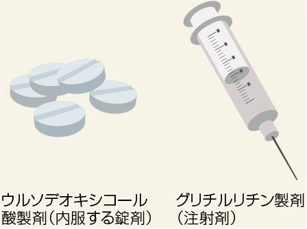 ウルソデオキシコール酸製剤（内服する錠剤）、グリチルリチン製剤（注射剤）